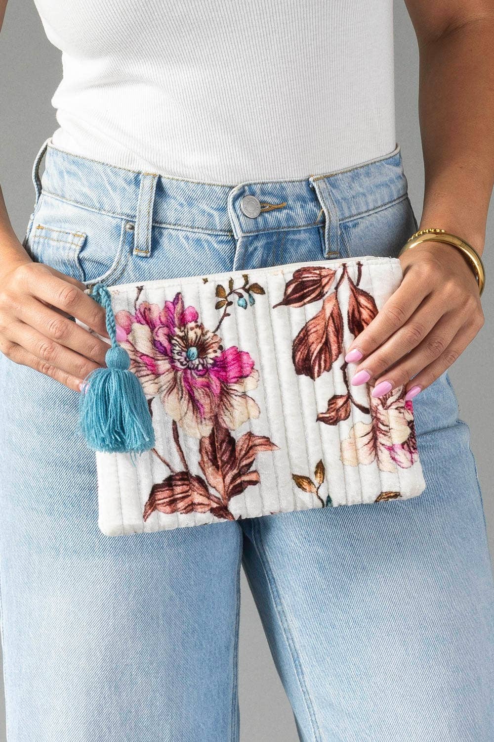 White & Multicolored Floral Pouch
