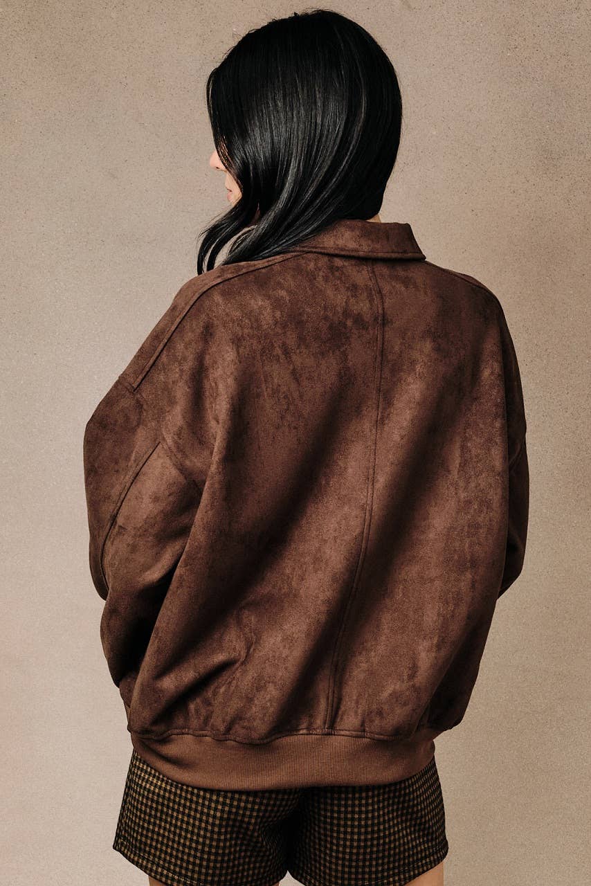 Faux Suede Collared Bomber Jacket