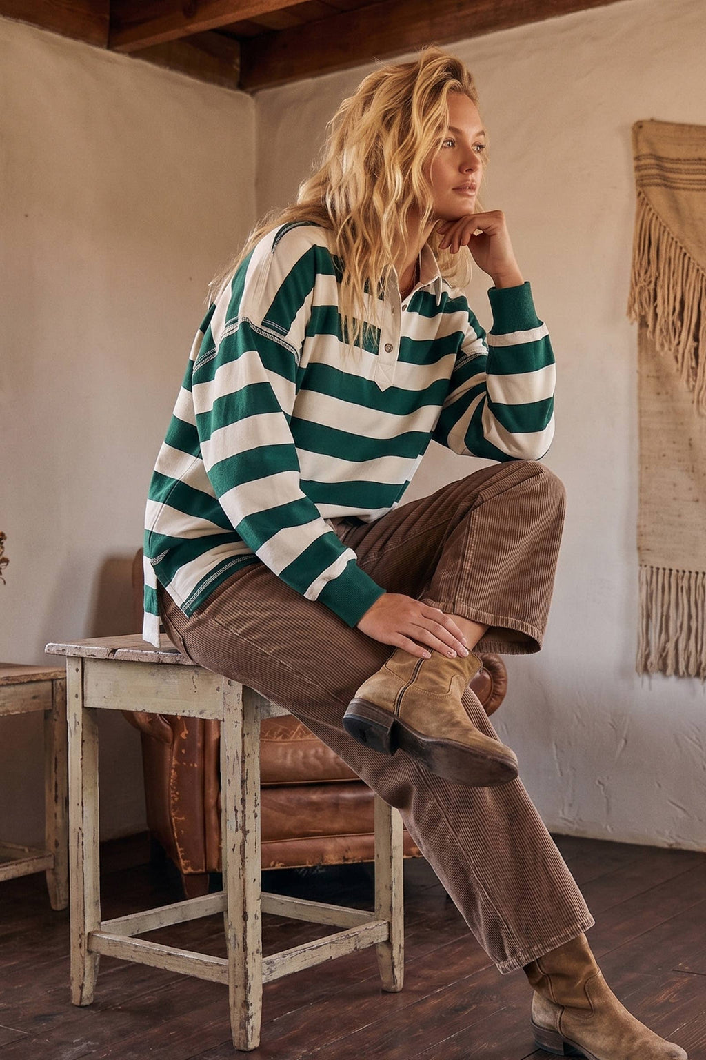 Oversized Striped Rugby Polo Top