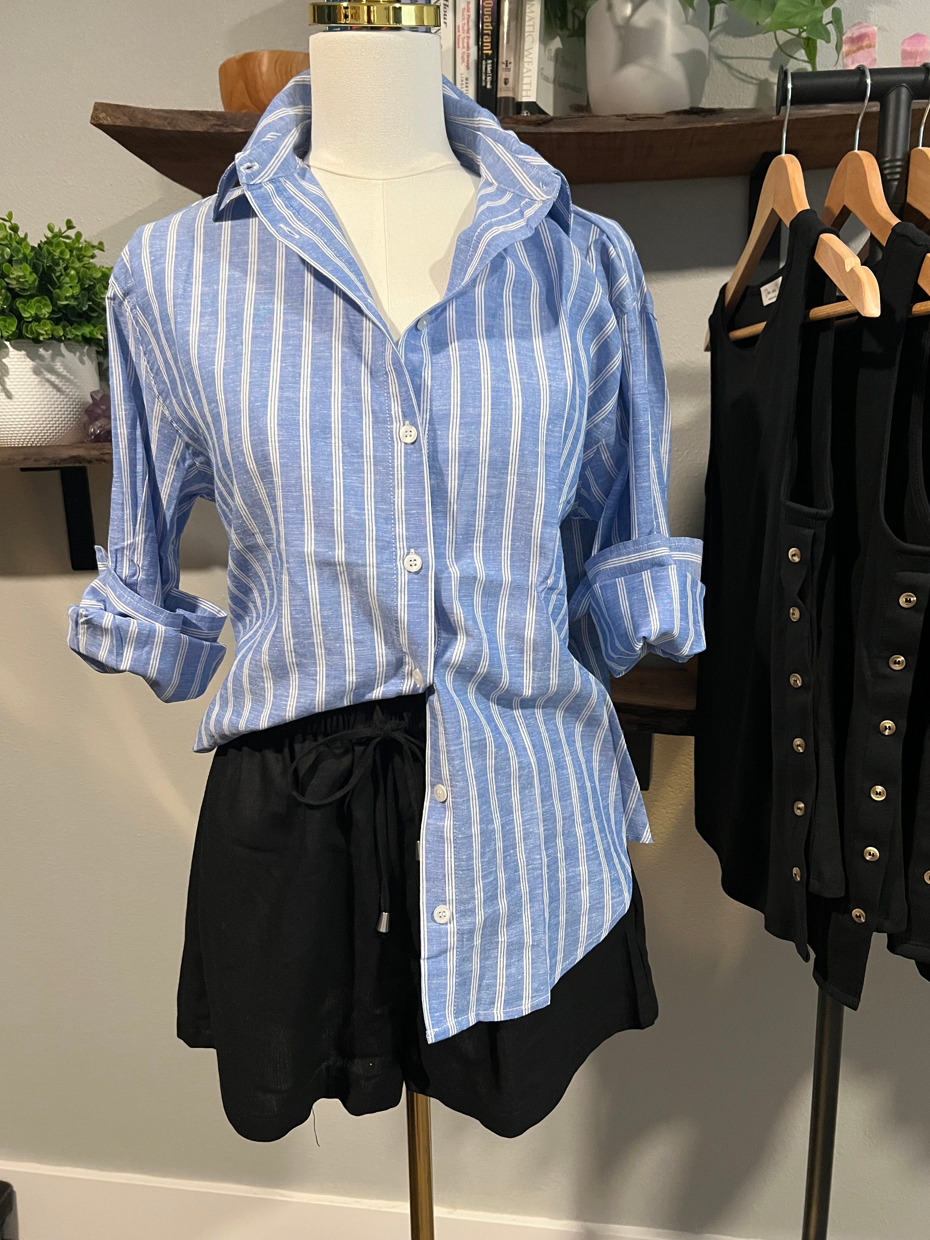 Striped Linen Blend Button Up Shirt