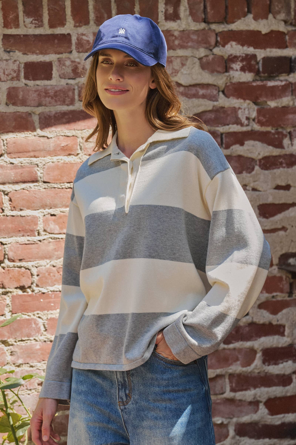 Striped Knit Rugby Polo Sweater