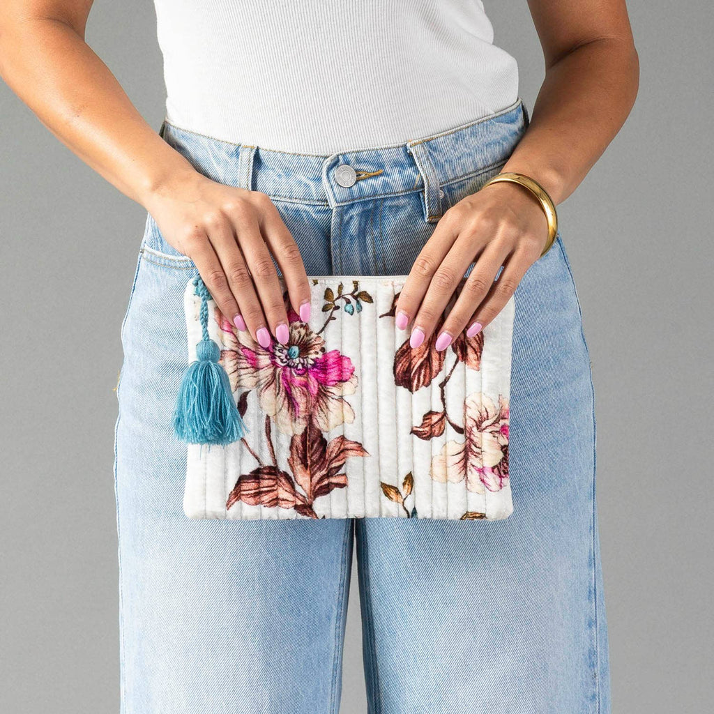 White & Multicolored Floral Pouch