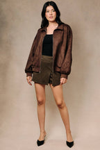 Faux Suede Collared Bomber Jacket