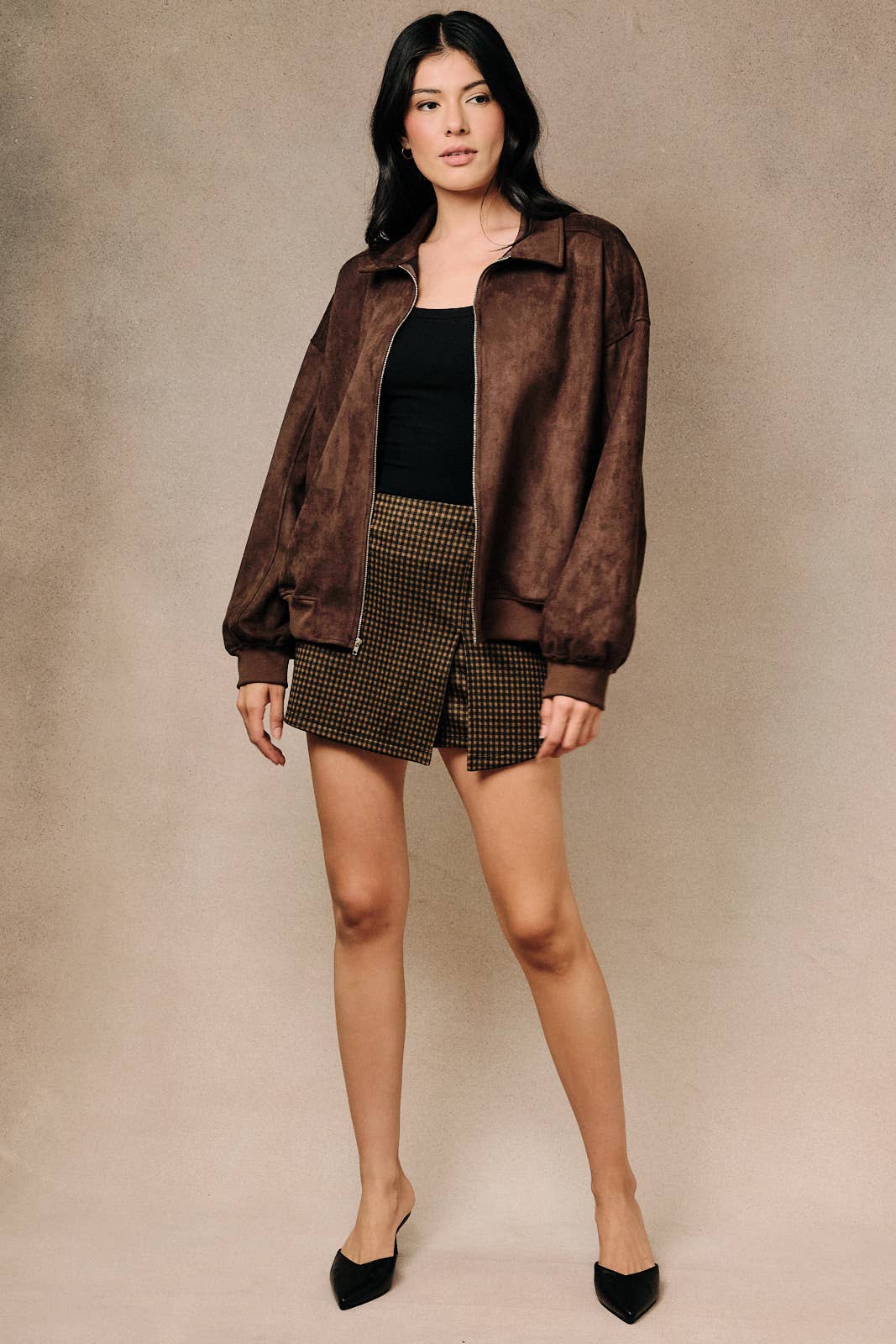 Faux Suede Collared Bomber Jacket
