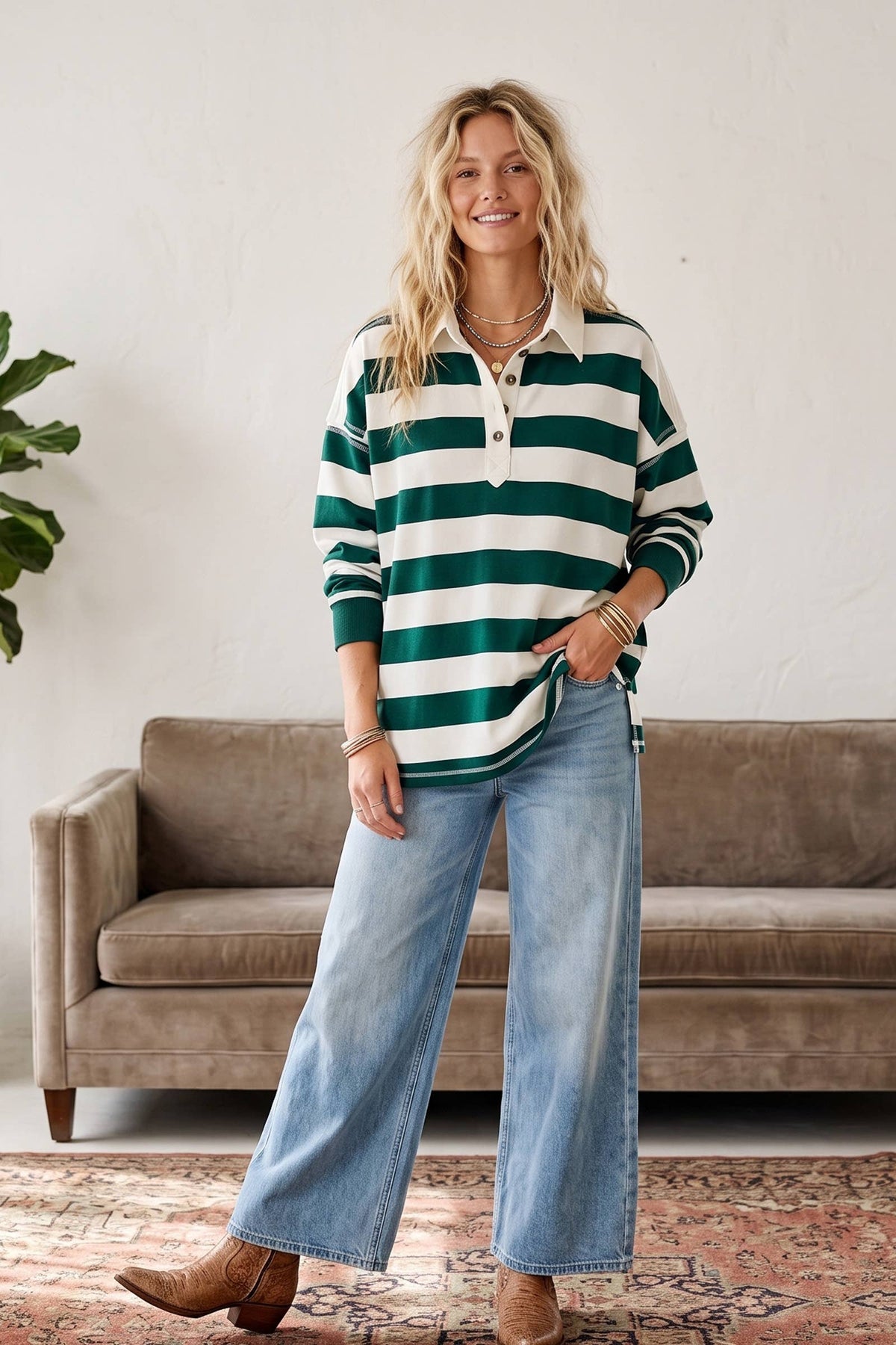 Oversized Striped Rugby Polo Top