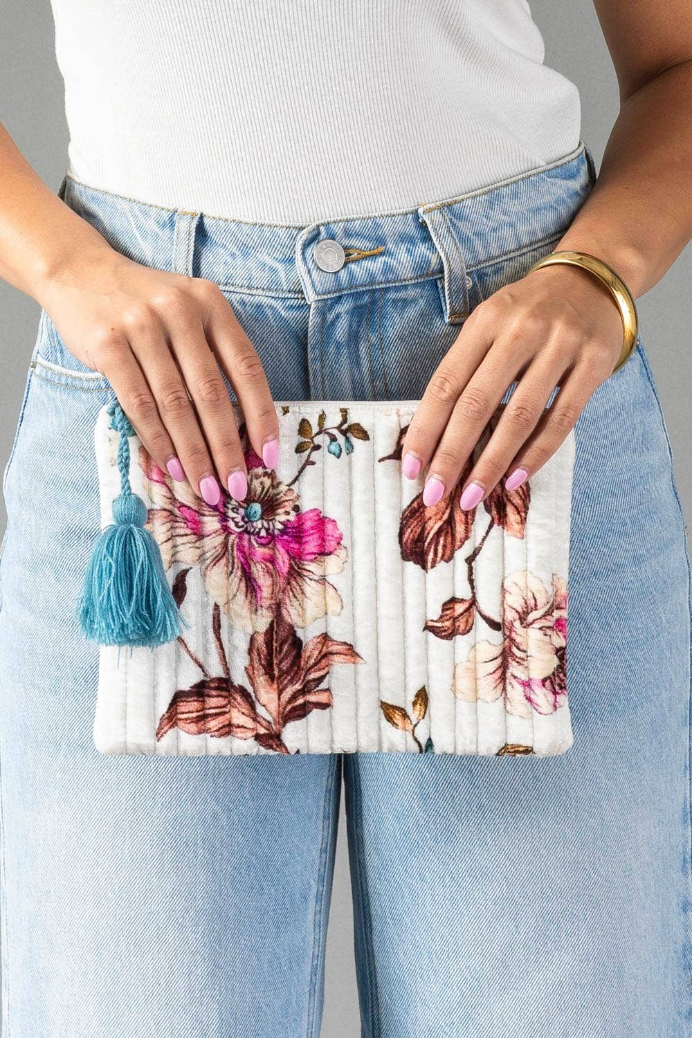 White & Multicolored Floral Pouch