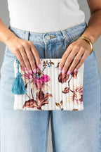 White & Multicolored Floral Pouch