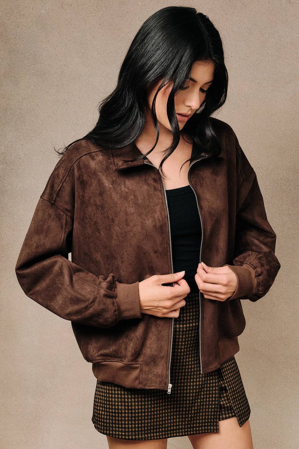Faux Suede Collared Bomber Jacket