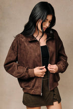 Faux Suede Collared Bomber Jacket