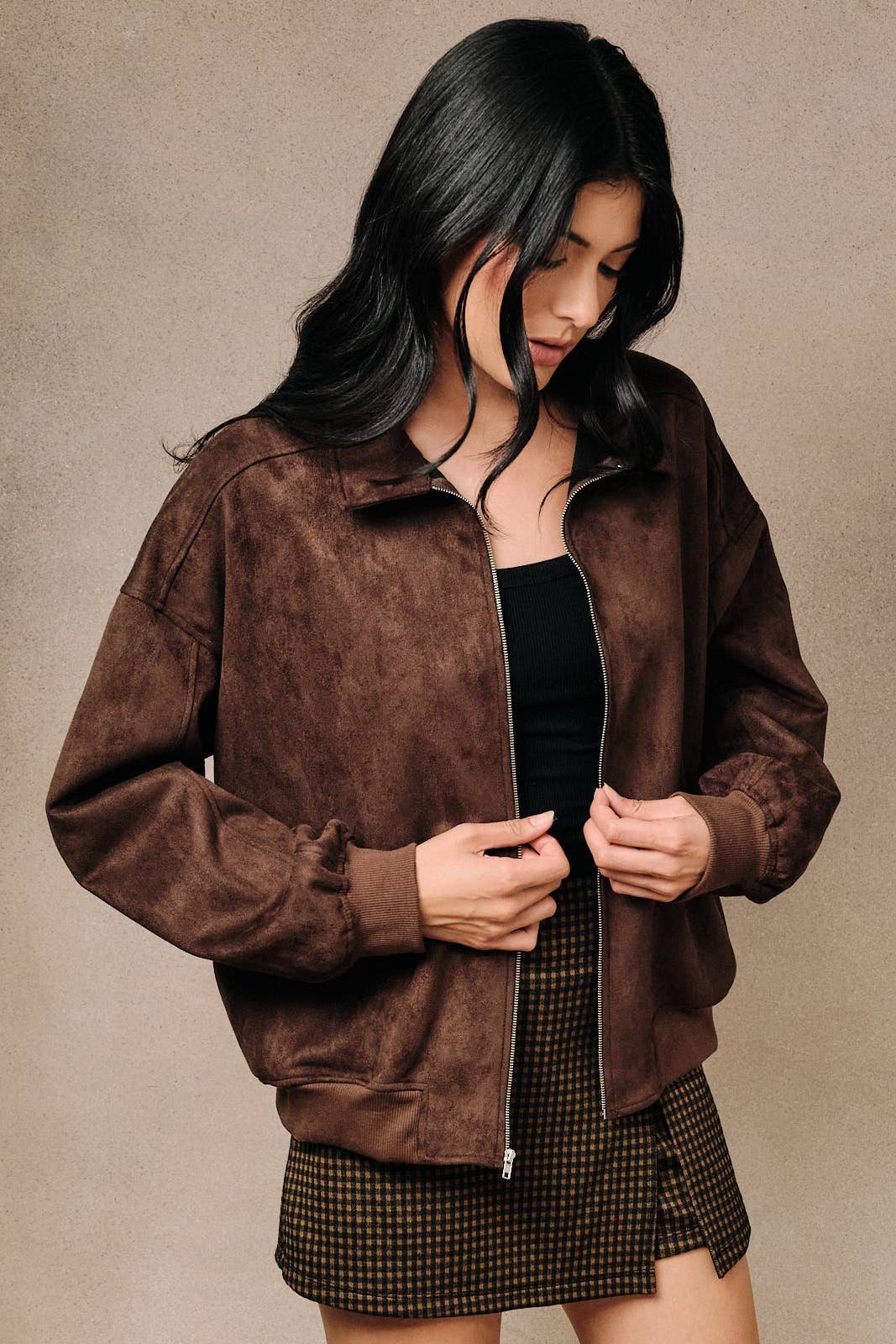 Faux Suede Collared Bomber Jacket