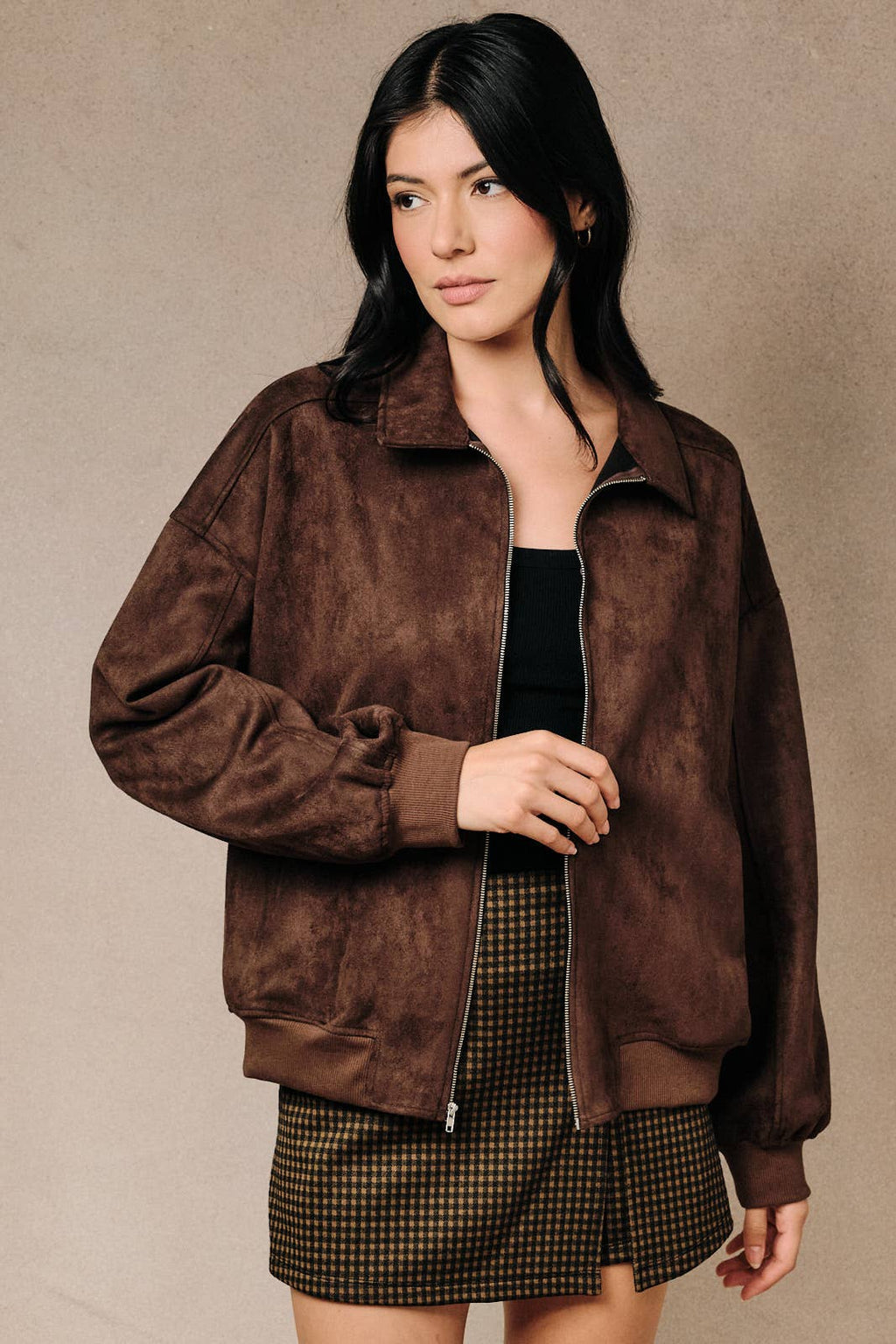 Faux Suede Collared Bomber Jacket