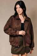 Faux Suede Collared Bomber Jacket