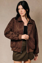 Faux Suede Collared Bomber Jacket