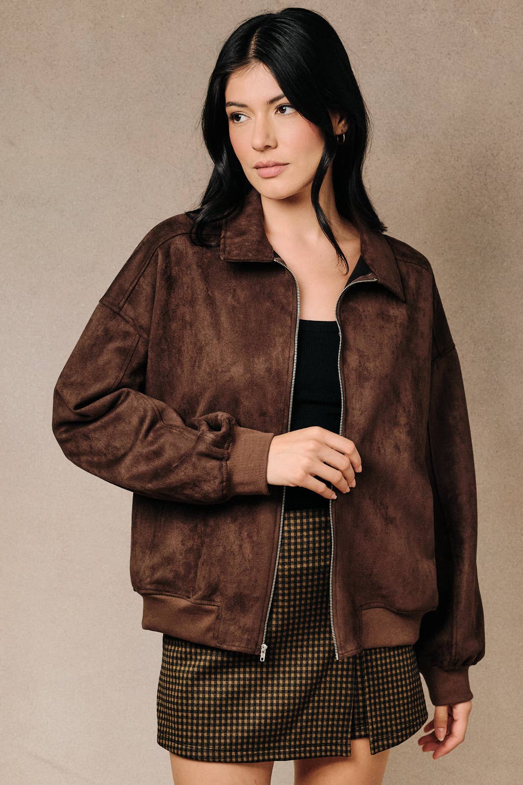 Faux Suede Collared Bomber Jacket